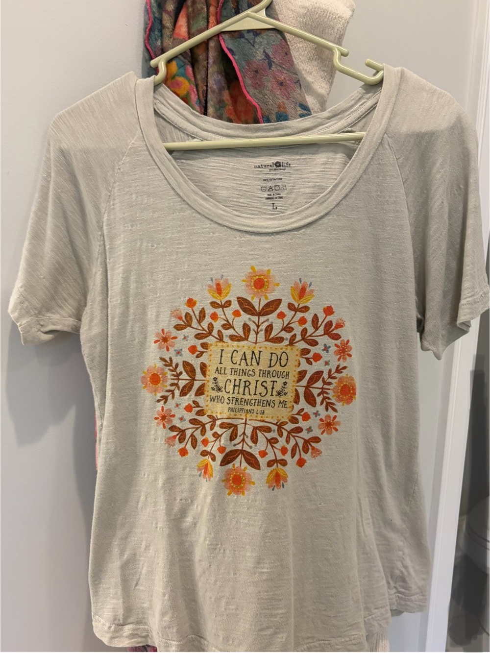 NATURAL LIFE Cream Short-Sleeve Graphic Tee with Orange Floral Scripture